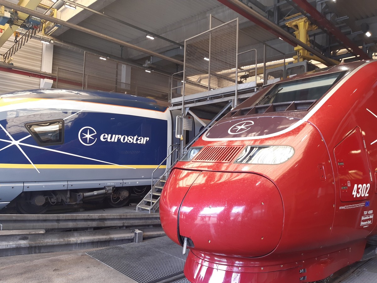 ARCHIV - 27.06.2023, Belgien, Brüssel: Das Bild zeigt die Präsentation der neuen Eurostar- und Thalys-Züge, die nur noch unter dem Namen Eurostar und mit einem neuen Logo fahren werden, in der TGV-Wer ...