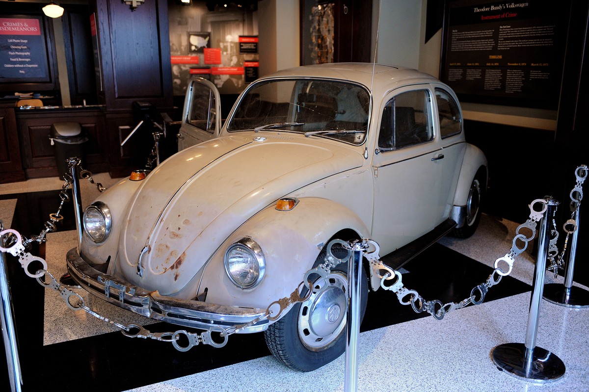 Ted Bundy's VW Beetle on display at the National Crime and Punishment Museum on February 22, 2010 in Washington, DC. Bundy's beat up 1968 Volkswagen Beetle was integral to his serial murders ...