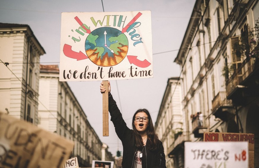 TORINO, ITALY - 2019/09/27: Demonstrators during the event &quot;Friday for the future&quot;, a global climate strike to call on world governments to take action against climate degradation and enviro ...
