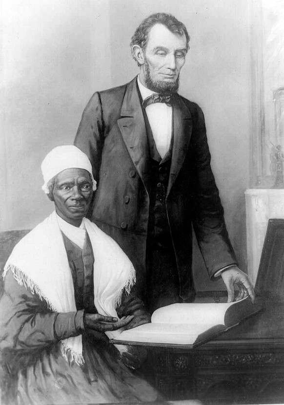 Sojourner Truth mit dem US-Präsidenten Abraham Lincoln, bei dem sie sich gegen Rassentrennung in den Verkehrsmitteln einsetzte.