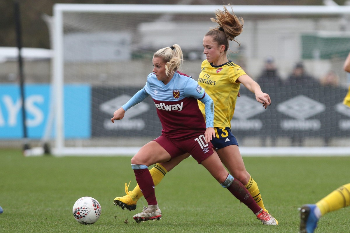 Julia Simic of West Ham United Women holding off Lia Walti of Arsenal Women during the Women&#039;s FA Cup match between West Ham United and Arsenal at the Rush Green Stadium, Romford, London on Sunda ...