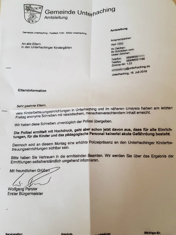 Mit diesem Brief informiert die Gemeinde Unterhaching Eltern über die Bedrohungslage.