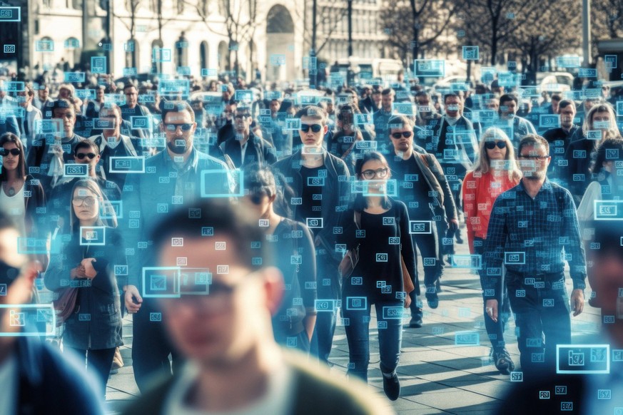 Digitale Überwachung, Menschen auf einer Strasse werden von einen Gesichts-Erkennungs System erfasst, AI generiert *** Digital Monitoring, People at a Street become from a Face Recognition System capt ...