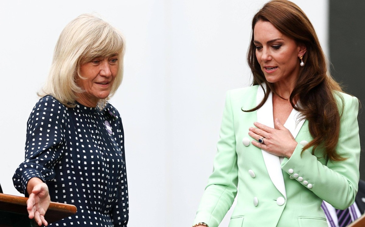 Mandatory Credit: Photo by Simon Dael/Shutterstock 13995905q Catherine Princess of Wales arriving with Wimbledon board member Debbie Jevans and former player Laura Robson Wimbledon Tennis Championship ...