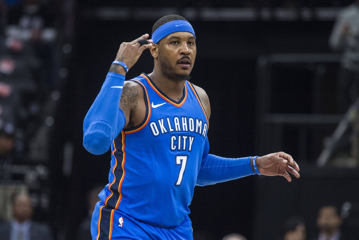 February 22, 2018 - Sacramento, CA, USA - The Oklahoma City Thunder s Carmelo Anthony (7) celebrates a 3-point basket against the Sacramento Kings at Golden 1 Center in Sacramento, Calif., on Thursday ...