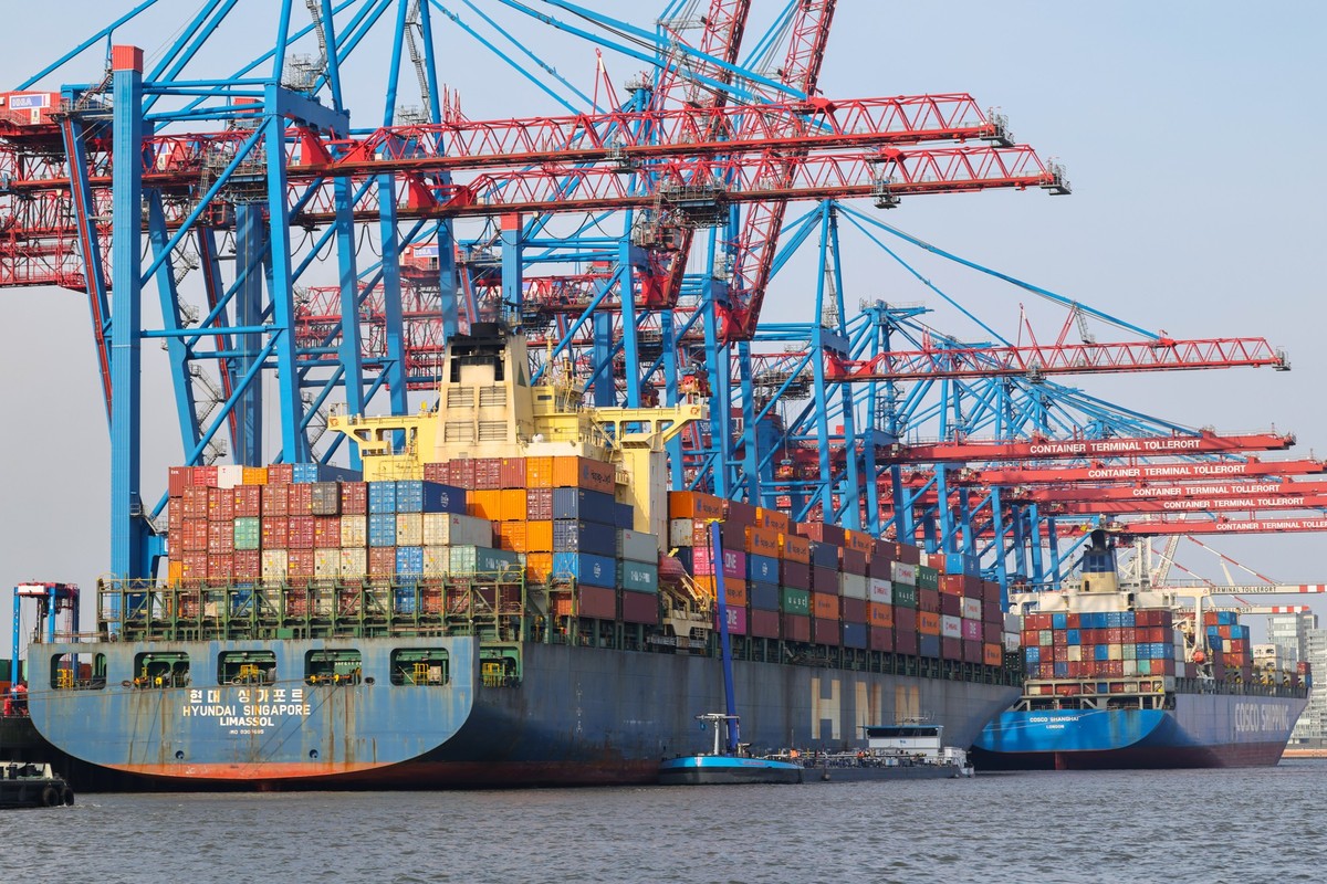 ARCHIV - 20.02.2025, Hamburg: Containerschiffe werden am Containerterminal Tollerort der Hamburger Hafen und Logistik AG HHLA be- und entladen. (zu dpa: �EU-Staaten f�r Verschiebung von Lieferkettenge ...