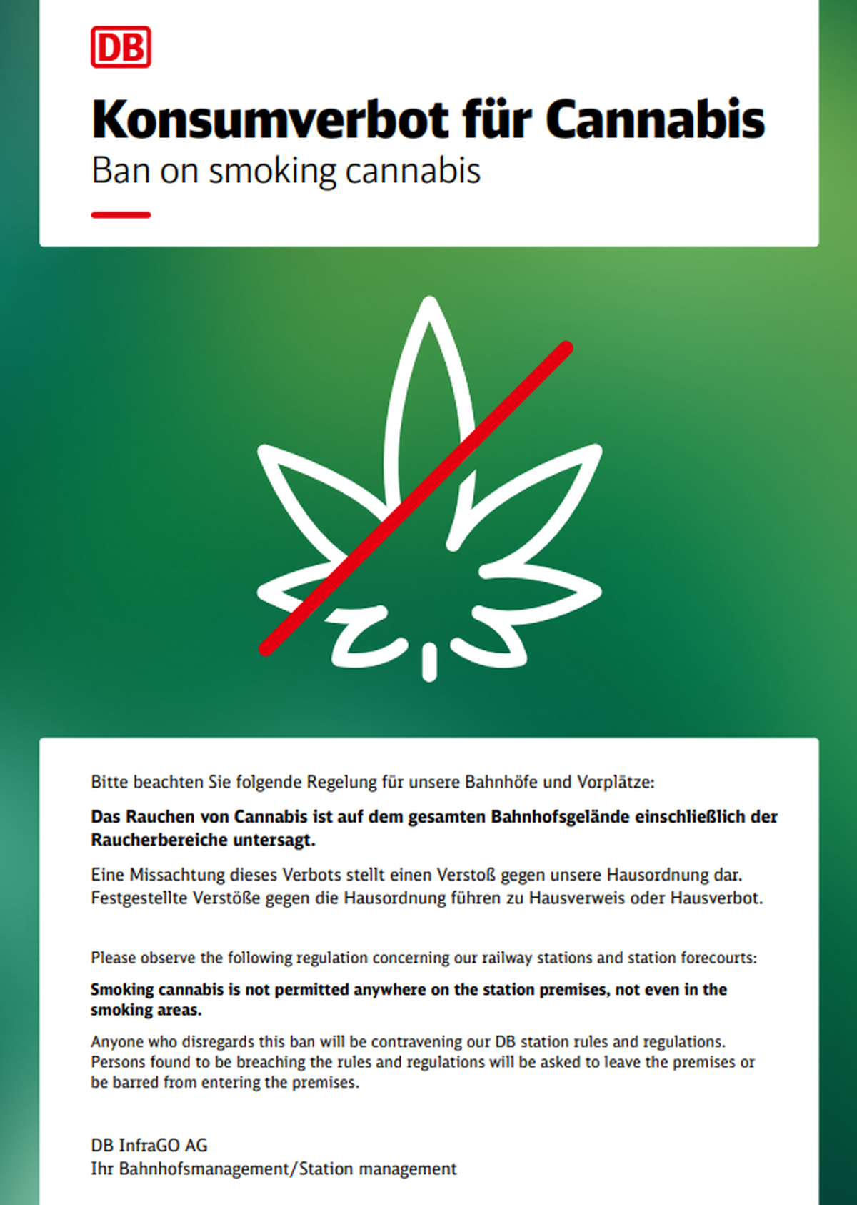 Die DB will ab kommender Woche mit Plakaten auf das Kiff-Verbot hinweisen.