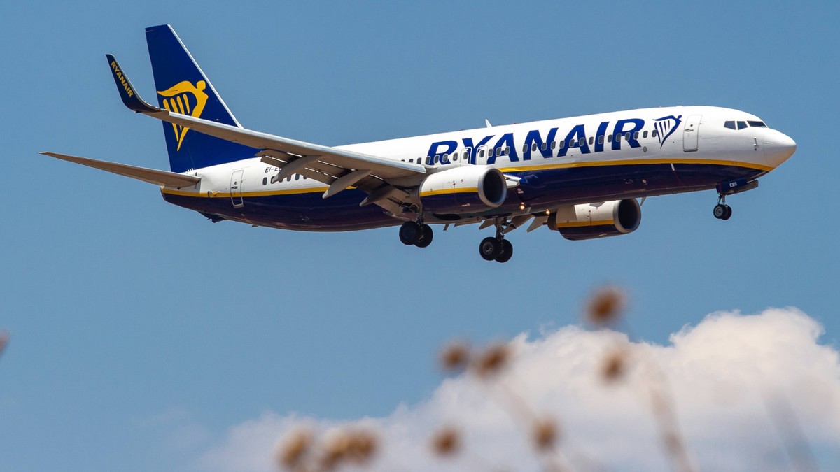 July 15, 2019 - Athina, Attica, Greece - Ryanair Boeing 737-800 aircraft landing at Athens International Airport AIA Eleftherios Venizelos ATH LGAV during a summer blue sky day. The airplane has 2 CFM ...