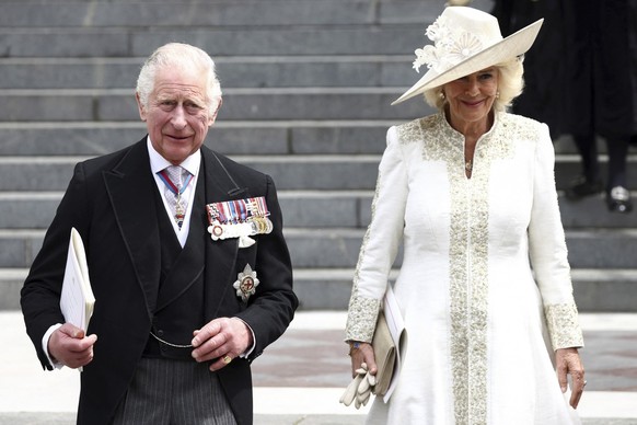 FILE - Britain's Prince Charles and Camilla, Duchess of Cornwall leave after a service of thanksgiving for the reign of Queen Elizabeth II at St Paul's Cathedral in London Friday June 3, 2022 on the s ...