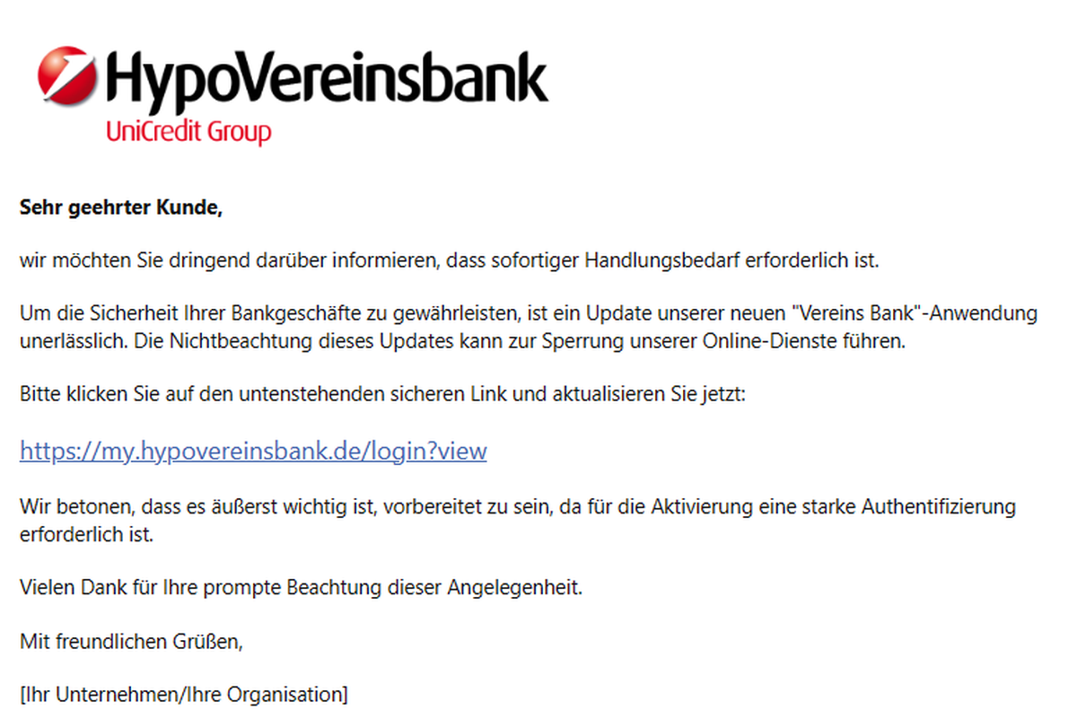 Mit dieser Mail wollen Kriminelle an sensible Daten von Kund:innen der Hypovereinsbank kommen.