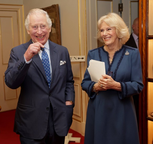. 23/02/2023. London, United Kingdom. King Charles III and Camilla, Queen Consort, at a reception to celebrate the second anniversary of The Reading Room at Clarence House in London. The Reading Room, ...