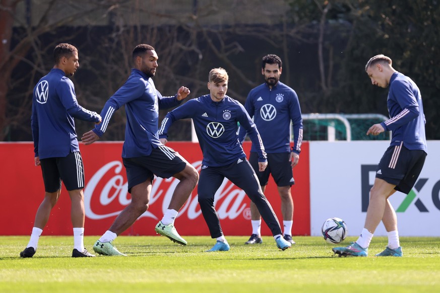 FRANKFURT AM MAIN, GERMANY - MARCH 24: Thilo Kehrer, Jonathan Tah, Timo Werner, Ilkay Guendogan and Nico Schlotterbeck (L-R) attend a training session of Germany at the Eintracht Frankfurt training gr ...