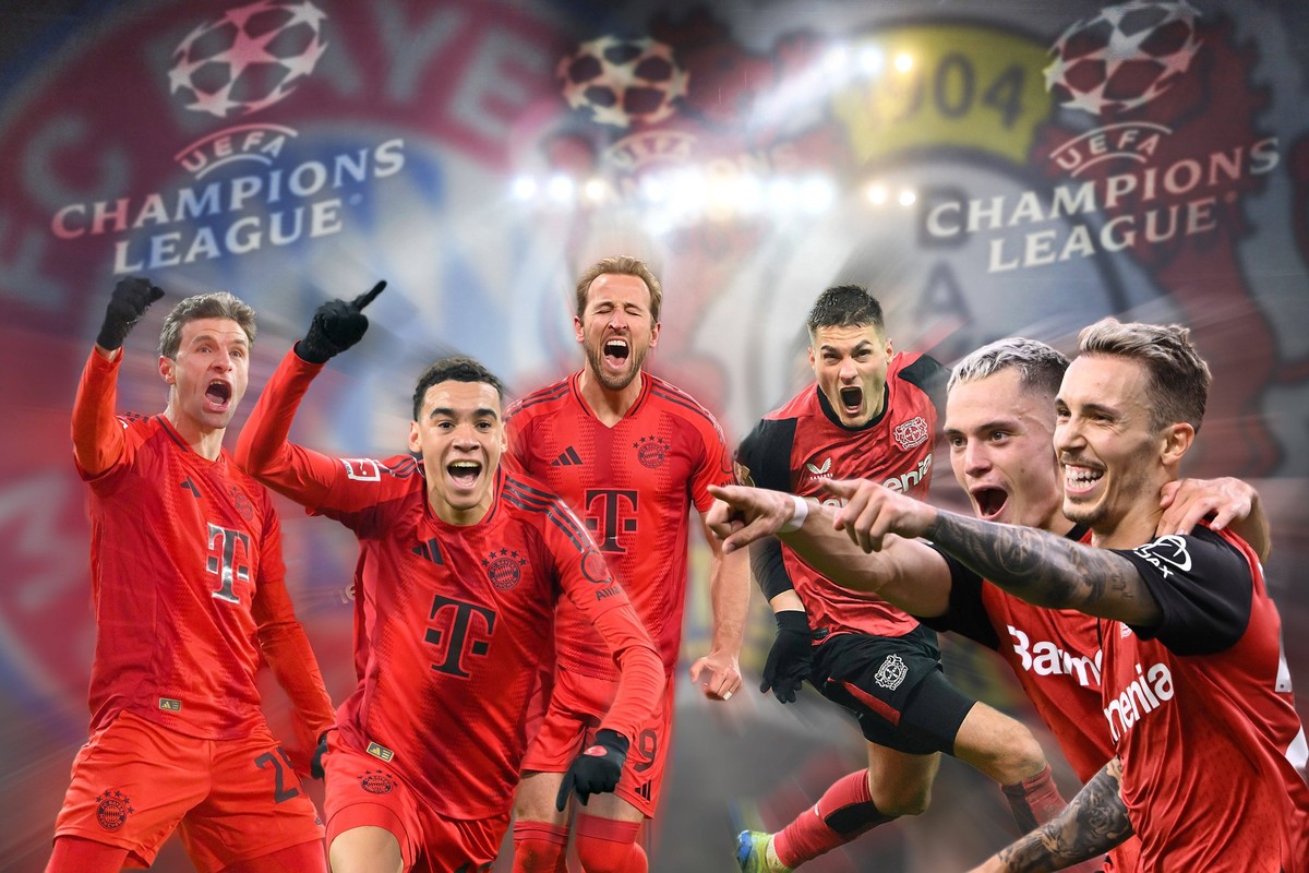 FOTOMONTAGE: Vorschau Fussball Champions League / Achtelfinale FC Bayern Muenchen - Bayer 04 Leverkusen . am 05.03.2025 , A L L I A N Z A R E N A. v.li:Thomas MUELLER M