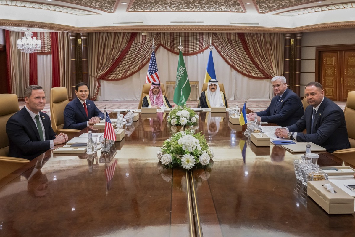 From left, US National Security Advisor Mike Waltz, US Secretary of State Marco Rubio, Saudi Arabian Foreign Minister Prince Faisal bin Farhan, Saudi National Security Advisor Mosaad bin Mohammad al-A ...
