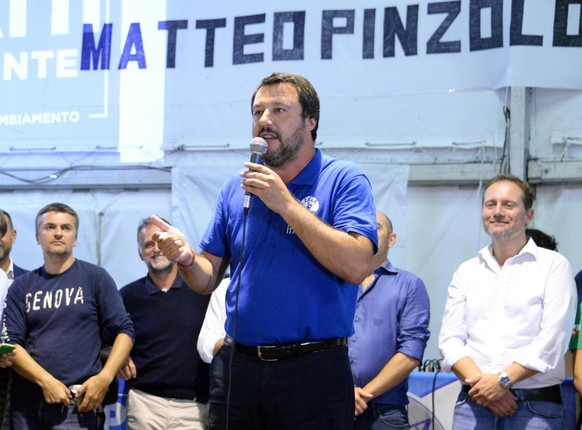 Italian Deputy Premier and Interior Minister, Matteo Salvini, speaks at a Lega party&#039;s meeting in Pinzolo, Italy, Saturday, Aug. 25, 2018. Italian state TV says Italy&#039;s interior minister is  ...