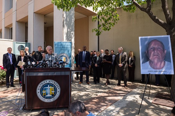 April 25, 2018 - Sacramento, CA, USA - Bruce Harrington, whose brother Keith Harrington and his wife, Patty, were viticms of the Golden State Killer, speak to the media after Sheriff Scott Jones and S ...