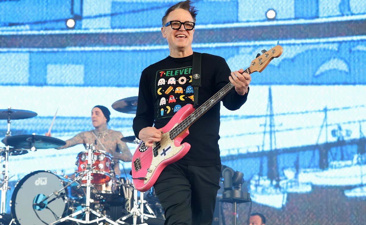 INDIO, CALIFORNIA - APRIL 14: (L-R) Travis Barker and Mark Hoppus of Blink-182 performs at the Sahara Tent during the 2023 Coachella Valley Music and Arts Festival on April 14, 2023 in Indio, Californ ...