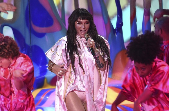 In this Nov. 24, 2019 file photo, Kesha performs at the American Music Awards at the Microsoft Theater in Los Angeles. Kesha made a false claim that Dr. Luke raped Katy Perry when there's “no evidence ...