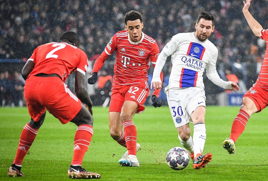 March 8, 2023, Munich, France, Germany: Jamal MUSIALA of Bayern Munich, Lionel Leo MESSI of PSG and Joshua KIMMICH of Bayern Munich during the UEFA Champions League match between FC Bayern Munich Pari ...