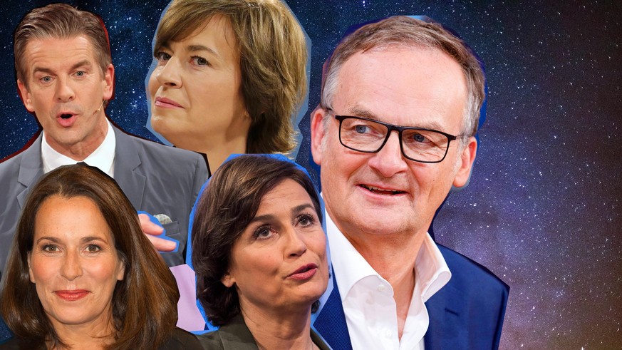 Anne Will, Markus Lanz, Maybrit Illner, Sandra Maischberger und Frank Plasberg ("Hart aber fair") (von links nach rechts) sind in der Corona-Krise besonders gefragt.