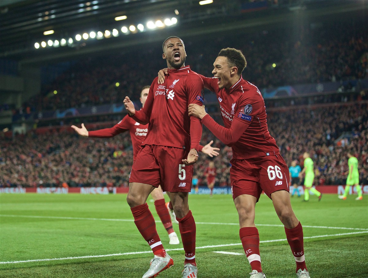 (190508) -- LIVERPOOL, May 8, 2019 (Xinhua) -- Liverpool s Georginio Wijnaldum (C) celebrates scoring during the UEFA Champions League Semi-Final second Leg match between Liverpool FC and FC Barcelona ...