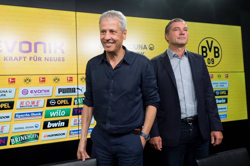 Dortmund, Germany, 06.07.2018, Pressekonferenz, vorstellung von Trainer Lucien Favre, Trainer Lucien Favre (BVB) und Sportdirektor Michael Zorc (BVB) ( DeFodi001 *** Dortmund Germany 06 07 2018 Press  ...