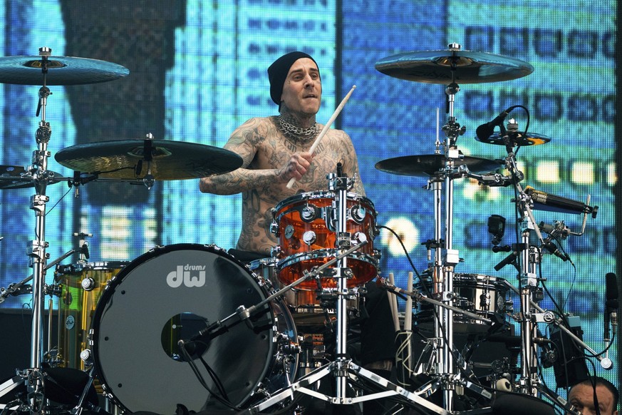 Travis Barker of Blink-182 performs at the Coachella Music and Arts Festival at Empire Polo Club on Friday, April 14, 2023, in Indio, Calif. (Photo by Amy Harris/Invision/AP)