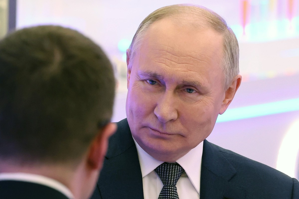 Russian President Vladimir Putin speaks during his interview with correspondent of Russian state television Rossiya 1 Pavel Zarubin in Moscow, Wednesday, Feb. 14, 2024. (Alexander Kazakov, Sputnik, Kr ...