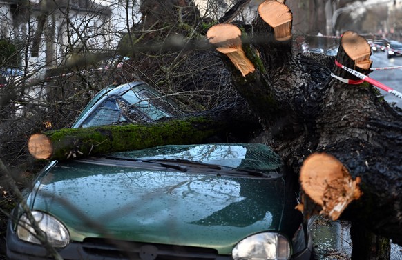 Ein Auto steht zerstört durch einen umgestürzten Baum an einer Straße. Durch das Sturmtief «Antonia» sind in Nordrhein-Westfalen Hausdächer, Autos und eine Busoberleitung zerstört worden.