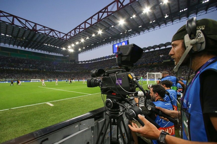A pitch side television camera follows the action during the UEFA Champions League match at the San Siro, Milan. Picture date: 17th September 2019. Picture credit should read: Jonathan Moscrop/Sportim ...