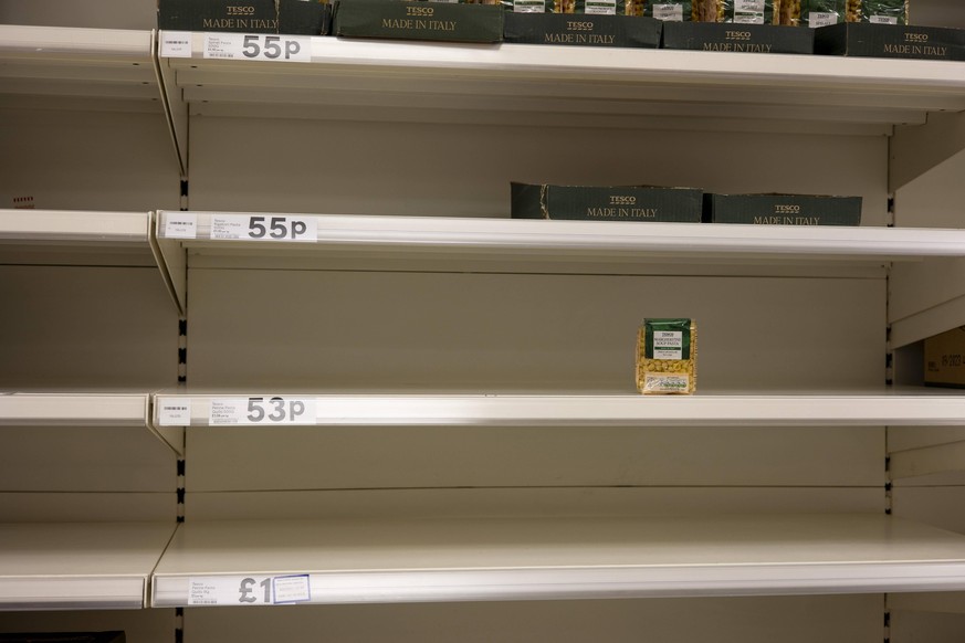 September 28, 2021, London, United Kingdom: Pasta shelves seen almost empty in the supermarket following panic buying by the citizens in the fear of shortage..Panic buying continued in the supermarket ...