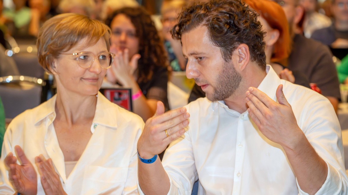 Franziska Brantner, Felix Banaszak, Kandidaten für den Bundesvorsitz, GRÜNEN Landesparteitag Bayern, Würzburg, 20. Oktober 2024 Deutschland, Würzburg, 20. Oktober 2024, Franziska Brantner, Felix Banas ...