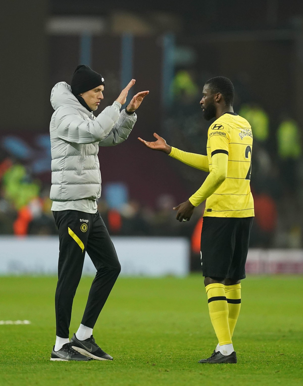 Aston Villa v Chelsea - Premier League - Villa Park. Chelsea manager Thomas Tuchel (left) congratulates Antonio Rudiger (right) after the Premier League match at Villa Park, Birmingham. Picture date: ...