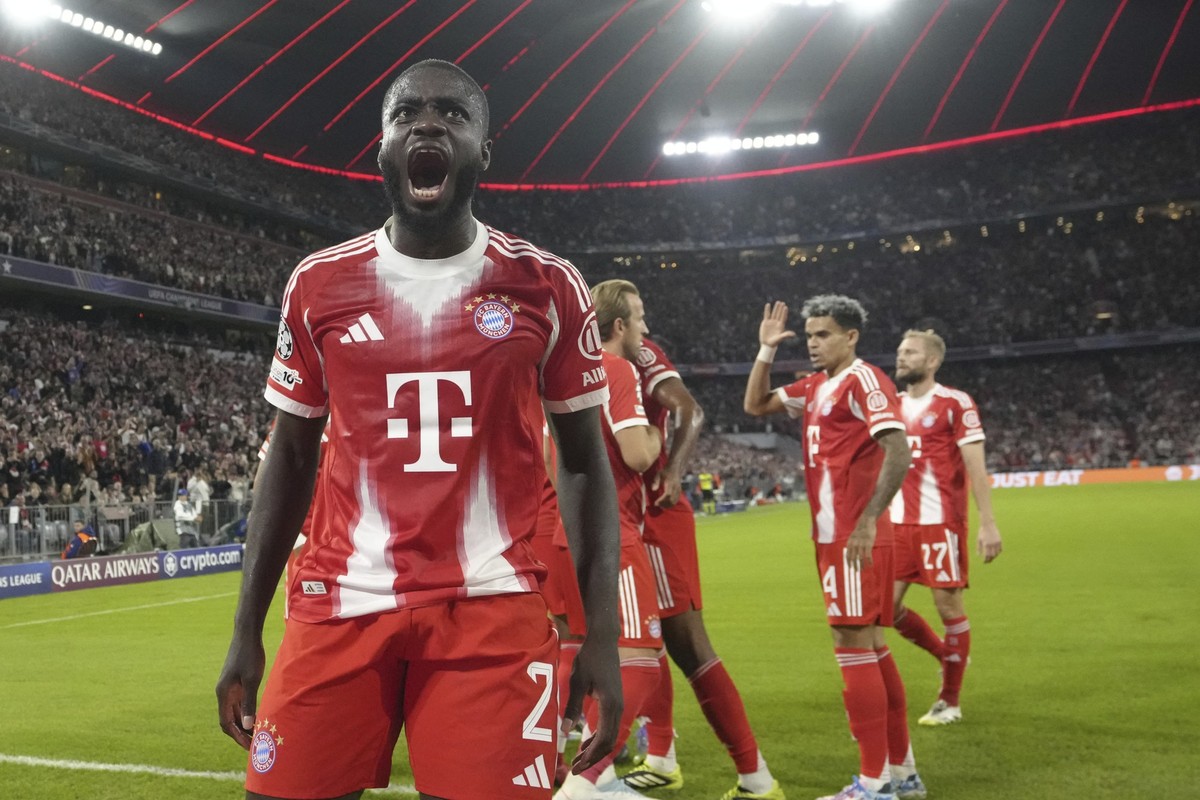 Bayern&#039;s Dayot Upamecano after Chelsea&#039;s Trevoh Chalobah scored an own goal during the Champions League opening phase soccer match between FC Bayern Munich and Chelsea at the Allianz Arena i ...