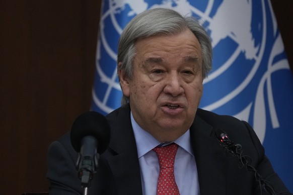 FILE - United Nations Secretary-General Antonio Guterres speaks to reporters during a news conference, in Baghdad, Iraq, Wednesday, March.1, 2023. Guterres called Monday, March 13 for scientists to se ...