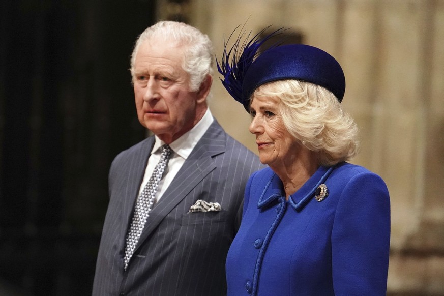 Britain&#039;s King Charles III and Camilla, the Queen Consort attend the annual Commonwealth Day Service at Westminster Abbey in London, Monday March 13, 2023. (Jordan Pettitt/Pool via AP)