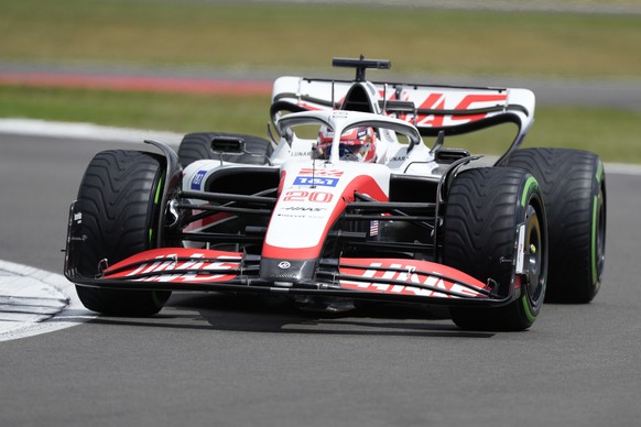 Haas driver Kevin Magnussen of Denmark steers his car during the first free practice at the Silverstone circuit, in Silverstone, England, Friday, July 1, 2022. The British F1 Grand Prix is held on Sun ...