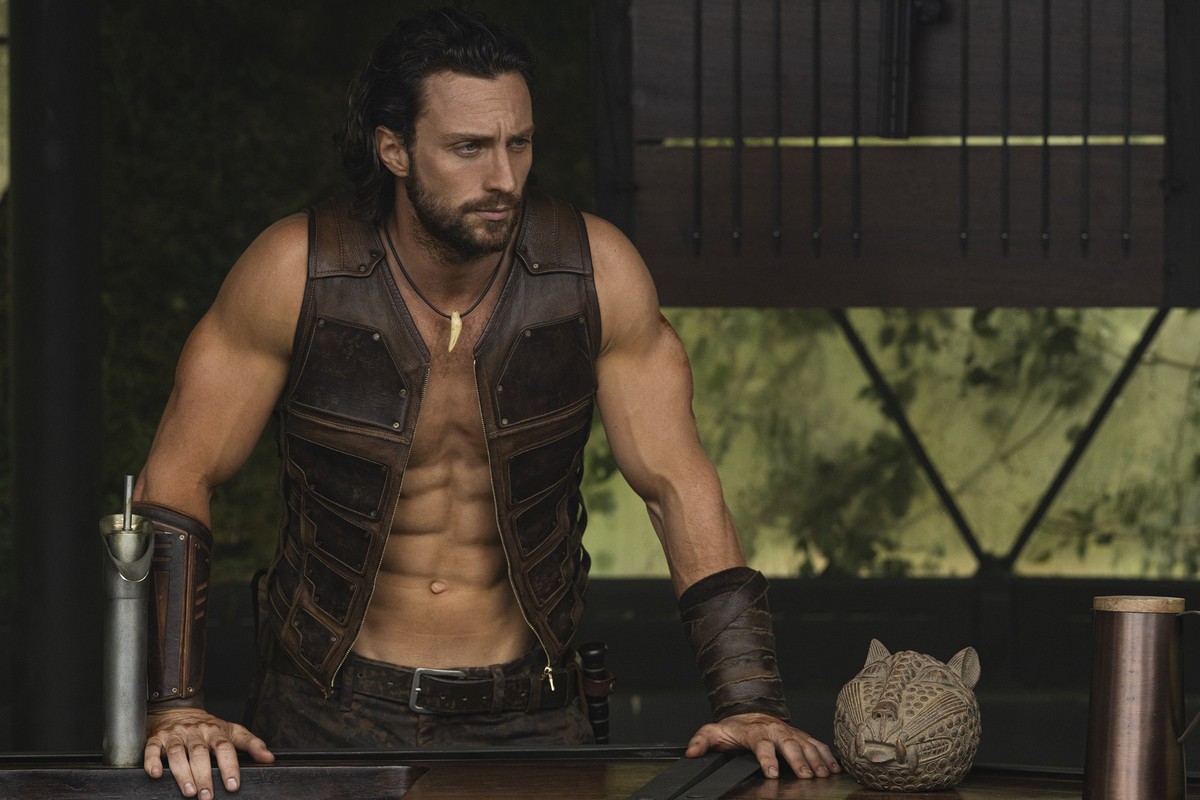 This image released by Sony Pictures shows Aaron Taylor Johnson in Columbia Pictures and Marvel&#039;s &quot;Kraven the Hunter.&quot; (Jay Maidment/Sony Pictures via AP)
