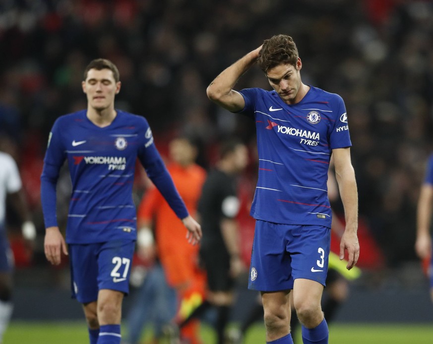 Marcos Alonso of Chelsea seems dejected during the Carabao Cup Semi Final First leg match at Wembley Stadium, London. Picture date: 8th January 2019. Picture credit should read: David Klein/Sportimage ...