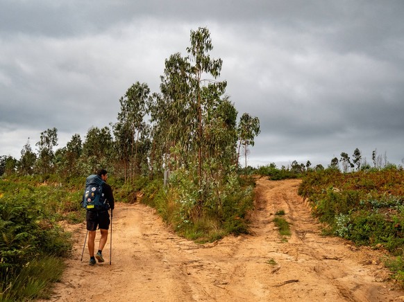 Walking The Portuguese Camino Coastal Route. A pilgrim is seen walking the Portuguese Camino Coastal Route, on June 2023. Porto Portugal PUBLICATIONxNOTxINxFRA Copyright: xRomyxArroyoxFernandezx origi ...
