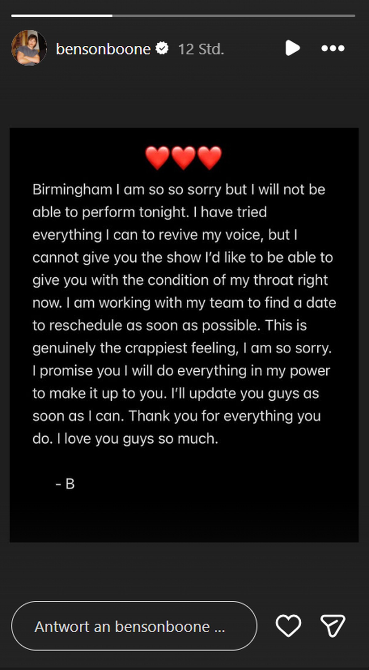 Benson Boone rechtfertigt sich für die kurzfristige Absage.