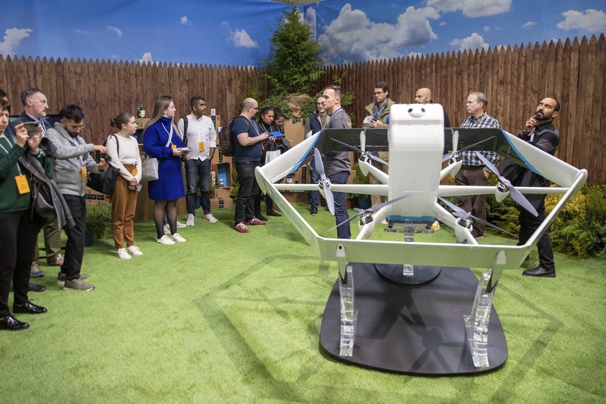 IMAGE DISTRIBUTED FOR AMAZON - Amazon&#039;s MK27-2 drone design in the Neighborhood of the Future at Amazon Robotics BOS27 on Thursday, November 10, 2022, in Westborough, Mass. (Scott Eisen/AP Images ...