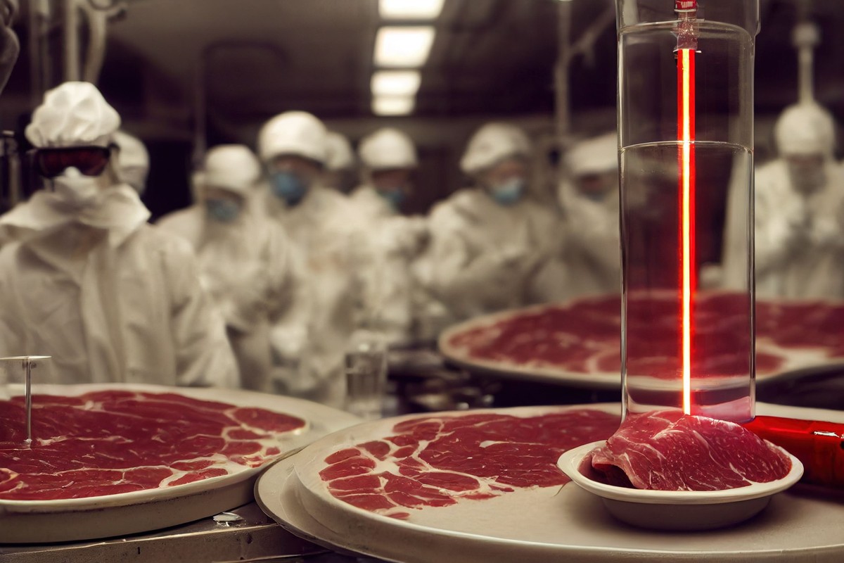 RECORD DATE NOT STATED A cultivated cell-based meat grown in lab with scientists working in the background *** einer kultiviert Zelle basiert Fleisch augewachsenes