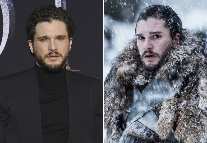 This combination photo shows Kit Harington at HBO's &quot;Game of Thrones&quot; final season premiere in New York on April 3, 2019, left, and his character Jon Snow. (Photos by Evan Agostini/Invision/ ...