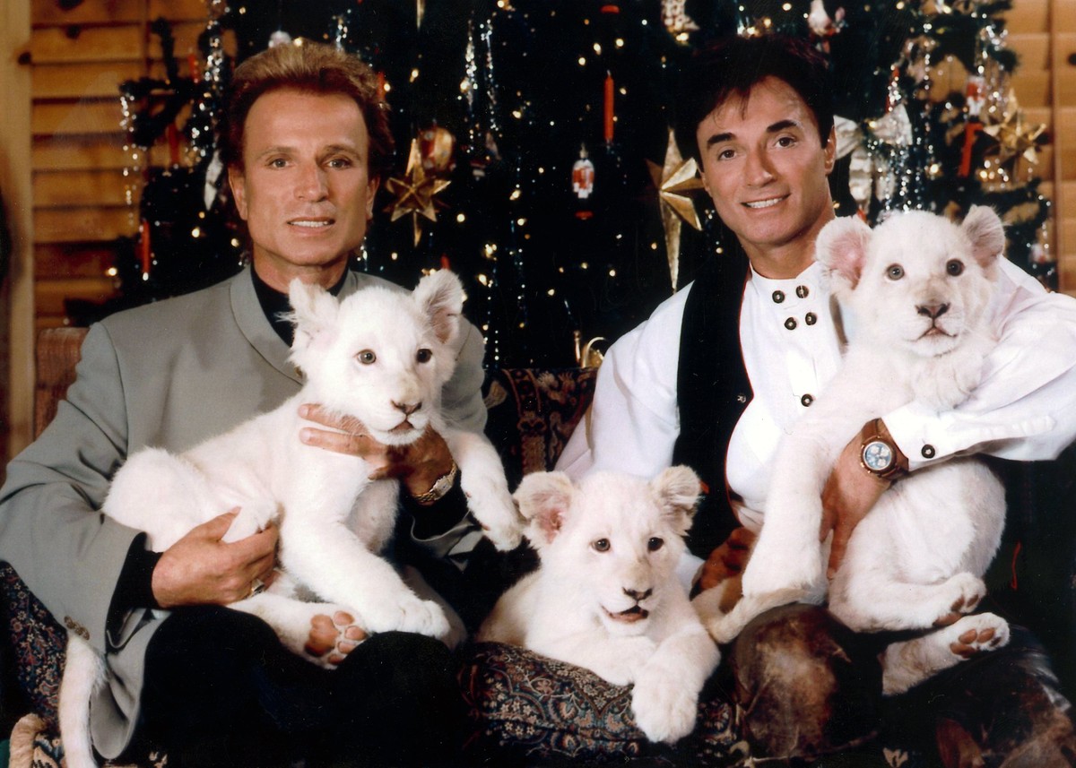 ARCHIV - 30.11.1999, USA, Las Vegas: Die deutschen Magier Siegfried (l) und Roy sitzen im Dezember 1999 in Las Vegas (USA) vor einem Weihnachtsbaum. �Siegfried &amp; Roy�-Magier Roy Horn ist in Las Ve ...