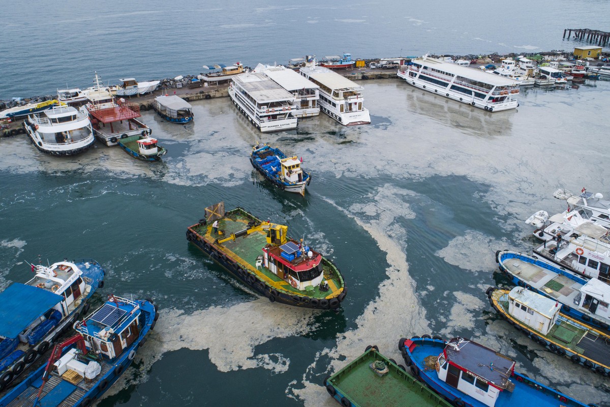03.06.2021, Türkei, Istanbul: Eine dicke Schicht von Meeresschleim bedeckt das Marmarameer am Fischerhafen von Kartal, auf der asiatischen Seite Istanbuls. (Aufnahme mit einer Drohne) Das türkische Ma ...