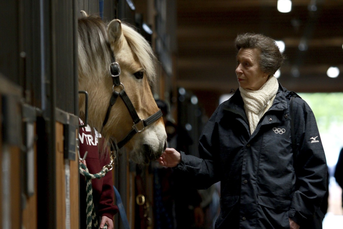 Britain&#039;s Princess Anne visits with a Norwegian fjord named Lady at the Victoria Therapeutic Riding Association in Saanichton, British Columbia, Sunday, May 5, 2024. (Chad Hipolito/The Canadian P ...