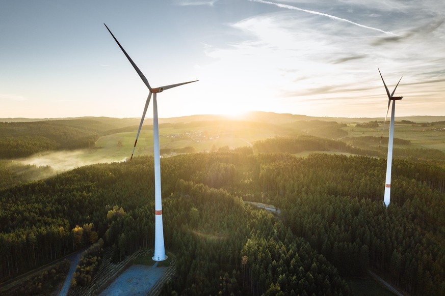 Wind Turbine in the sunset seen from an aerial view