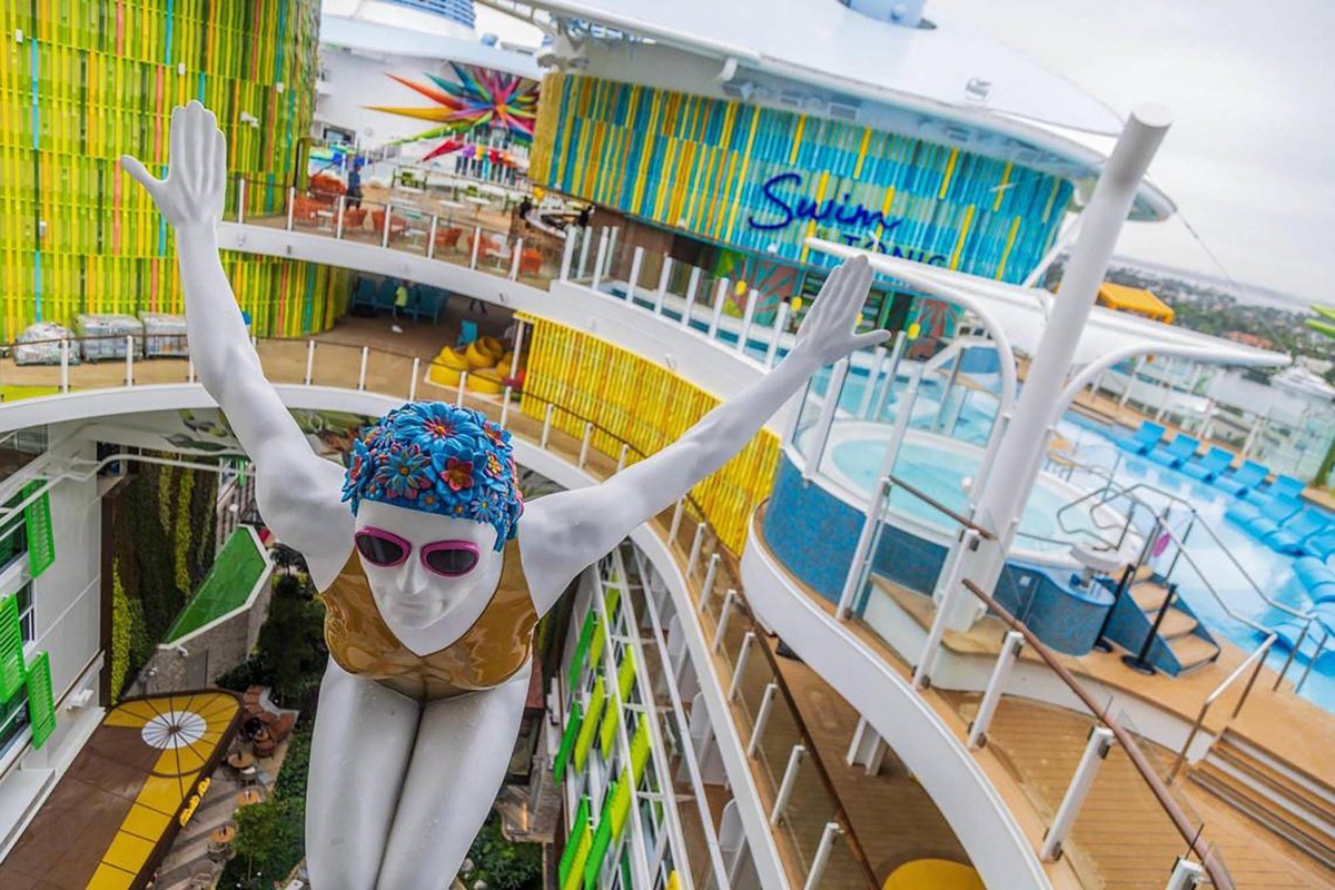 Worlds Largest Ship Icon Of The Seas - Miami NO FILM, NO VIDEO, NO TV, NO DOCUMENTARY - View of a swimmer sculpture feature in the Chill Island deck on Royal Caribbean s Icon of the Seas, the world s  ...