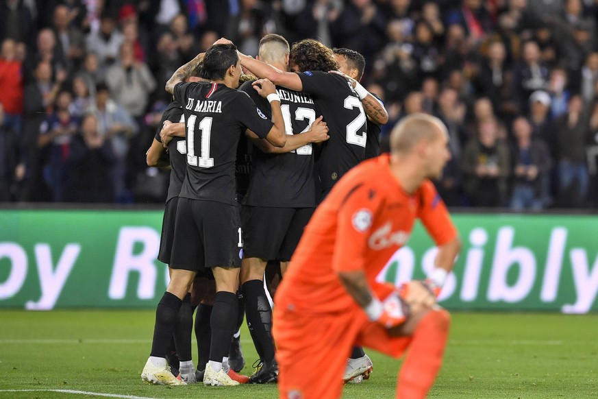 (181004) -- PARIS, Oct. 4, 2018 -- Players of Paris Saint-Germain celebrate scoring during the UEFA Champions League group C match 2nd round between Paris Saint-Germain and Red Star Belgrade in Paris, ...